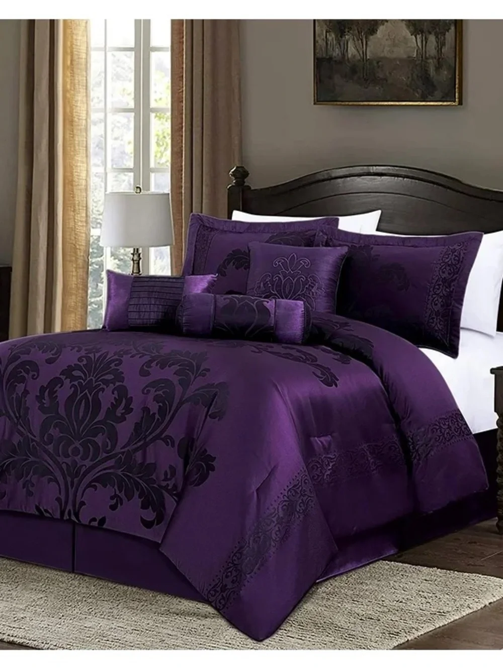 Plush Purple Damask Queen 3 piece Comforter Set